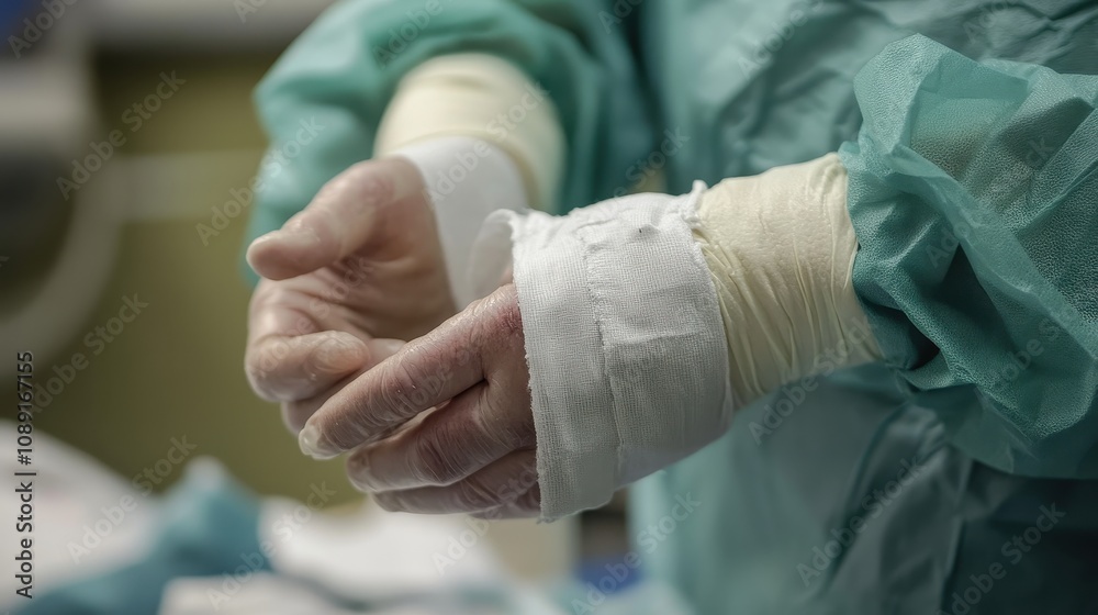 Detailed Close-Up of a Hand with a Splint Wrapped in Medical Padding, Showcasing Care and Treatment in a Clinical Environment Detailed Close-Up of a Hand with a Splint Wrapped in Medical Padding, Showcasing Care and Treatment in a Clinical Environment