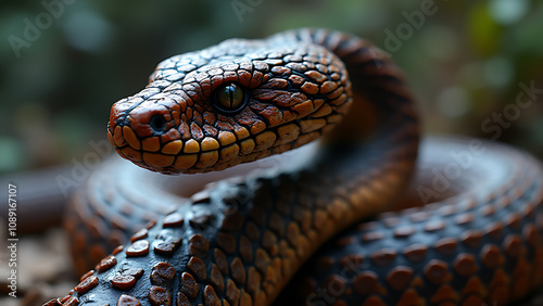 A snake with a brown head and black eyes is curled up on the ground