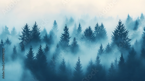 Misty forest landscape with tall trees and fog creating serene atmosphere