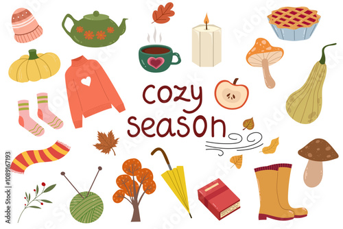 Collection of autumn elements. Warm sweater, cozy candles, leaves, pie, mushrooms, pumpkins. Fall clip art. Vector flat design