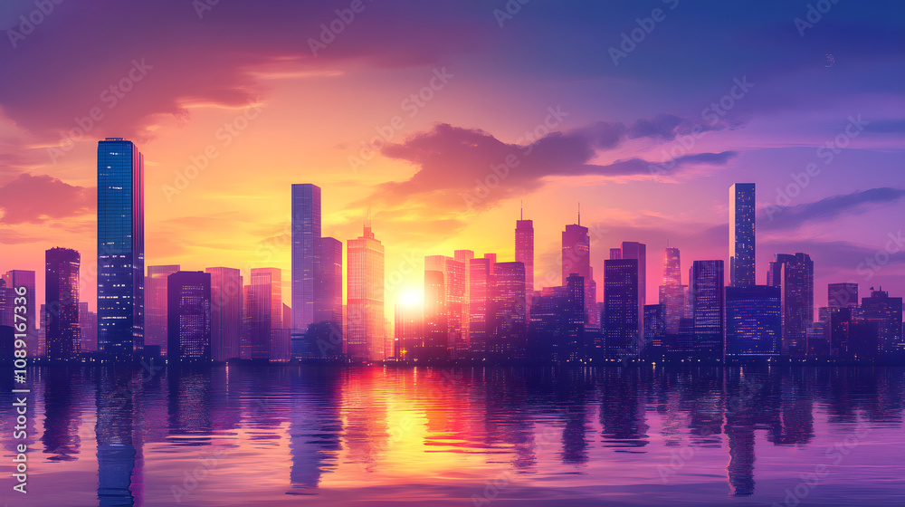 Fototapeta premium Modern city skyline at sunset reflecting on water, creating serene atmosphere