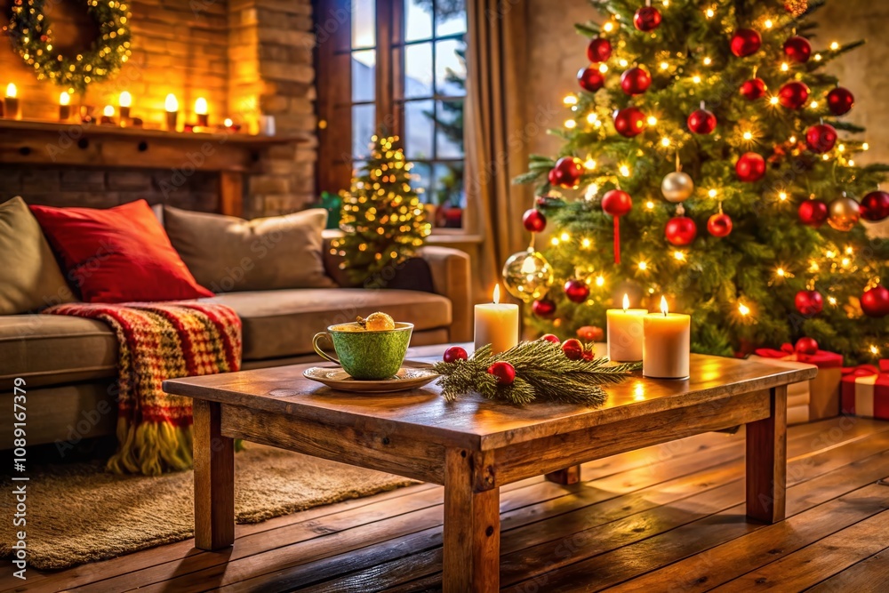 Fototapeta premium Cozy Living Room Decorated for Christmas with Wooden Table, Christmas Tree Branches, Twinkling Lights, and a Warm Festive Atmosphere for Holiday Celebrations