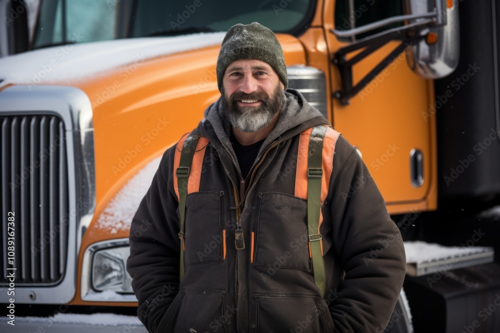 Portrait of a middle aged male truck driver during winter Portrait of a middle aged male truck driver during winter