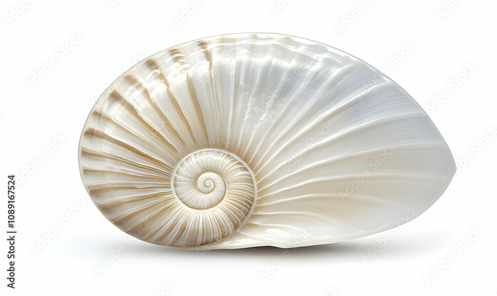 Stunning close-up of a large, iridescent seashell, showcasing intricate spiral patterns and pearly texture against a pure white background. Stunning close-up of a large, iridescent seashell, showcasing intricate spiral patterns and pearly texture against a pure white background.
