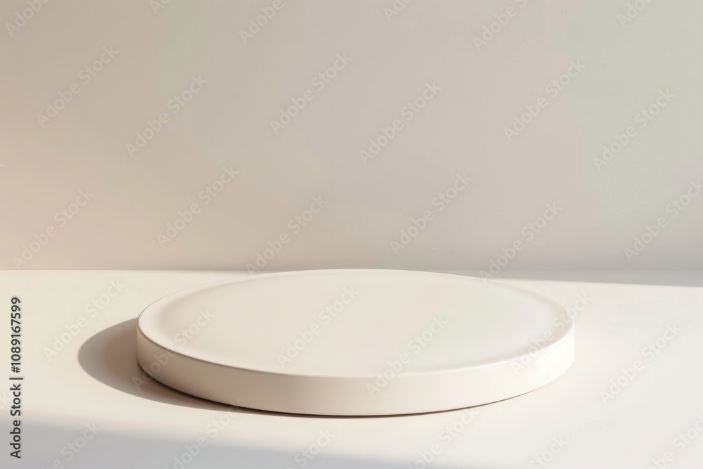 Simple, white, empty, round podium on a light grey background. A minimalistic design with soft shadows, for product photography like accessory and jewel. Simple, white, empty, round podium on a light grey background. A minimalistic design with soft shadows, for product photography like accessory and jewel.