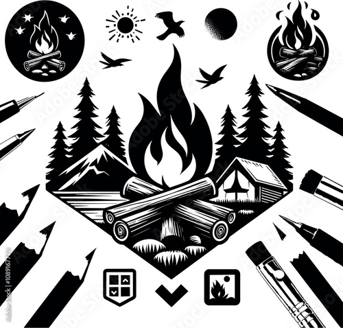 Campfire Vector Black Silhouette Design For T-Shirt