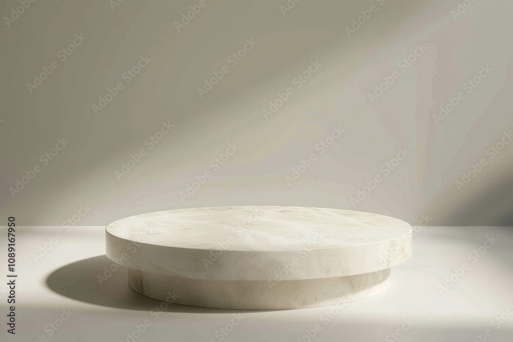 Simple, white, empty, round podium on a light grey background. A minimalistic design with soft shadows, for product photography like accessory and jewel. Simple, white, empty, round podium on a light grey background. A minimalistic design with soft shadows, for product photography like accessory and jewel.