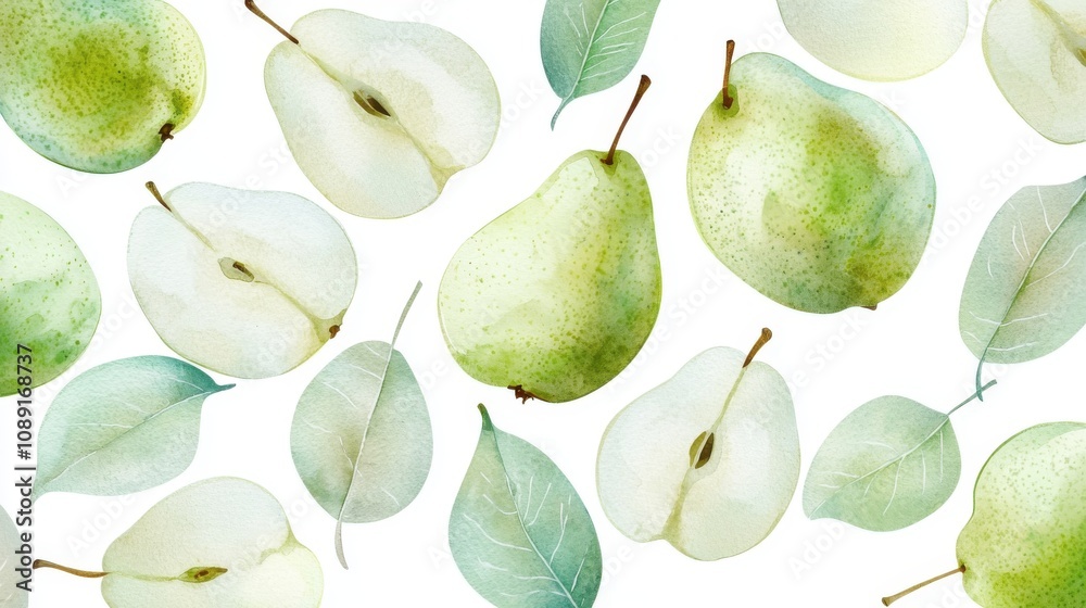 A beautiful arrangement of green pears and leaves on a clean white background, showcasing nature's freshness and simplicity. A beautiful arrangement of green pears and leaves on a clean white background, showcasing nature's freshness and simplicity.