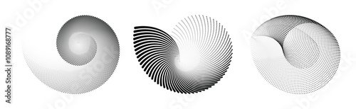 Abstract halftone spiral, geometric dotted Fibonacci spiral and minimalist abstract dotted circle designs.