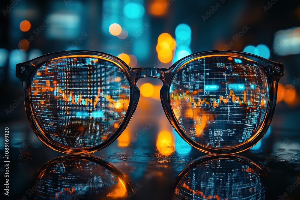 A pair of glasses with a reflection of a city skyline in the lenses A pair of glasses with a reflection of a city skyline in the lenses