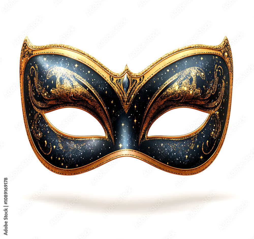 Elegant black and gold masquerade mask with intricate designs and starry background, perfect for festive occasions Elegant black and gold masquerade mask with intricate designs and starry background, perfect for festive occasions