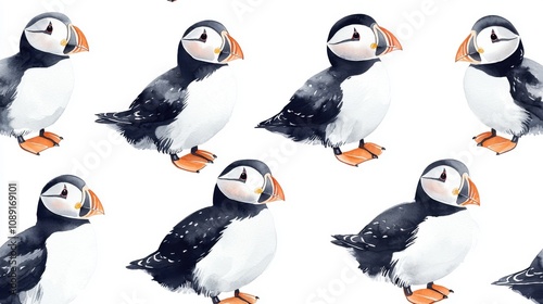 A charming pattern featuring adorable puffins, showcasing their iconic black and white plumage with vibrant orange beaks. photo