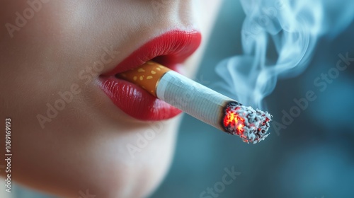 Close-up of a woman's mouth with red lipstick smoking a cigarette.