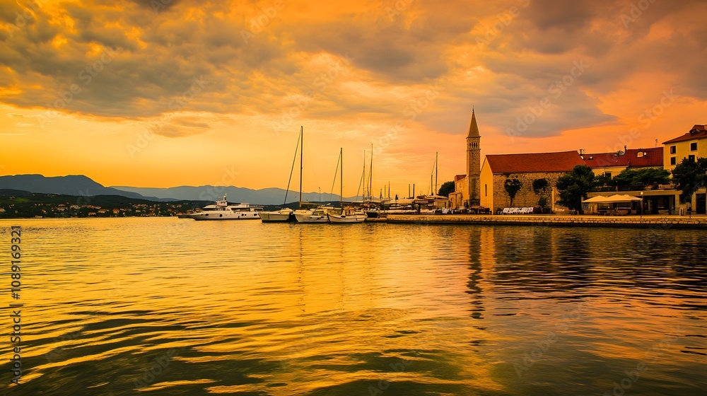 Serene sunset over a marina with sailboats and historic buildings. Serene sunset over a marina with sailboats and historic buildings.