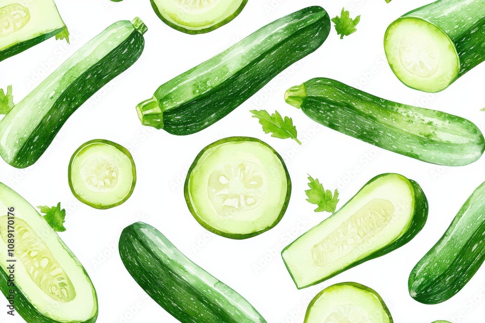 A vibrant illustration featuring fresh cucumbers in various shapes and sizes, showcasing their natural beauty and health benefits.