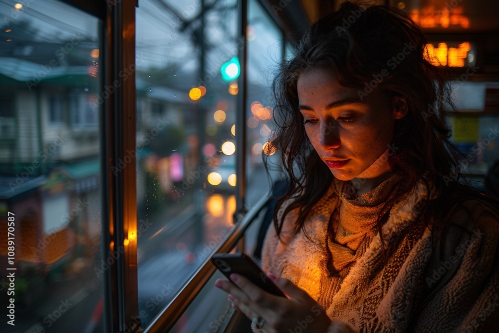 A woman with long hair is absorbed in her smartphone while sitting by a window on a bus. The bus interior is softly lit, highlighting the raindrops and city lights outside A woman with long hair is absorbed in her smartphone while sitting by a window on a bus. The bus interior is softly lit, highlighting the raindrops and city lights outside