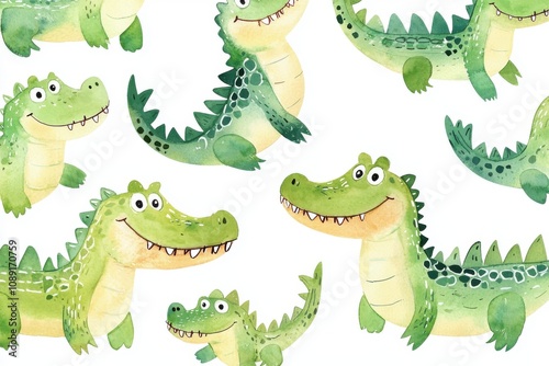 A whimsical pattern featuring cartoon alligators in vibrant greens, ideal for children's decor and playful designs.