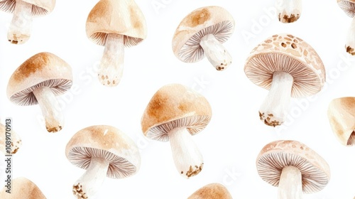 Aesthetic arrangement of various mushrooms on a white background, showcasing their unique textures and forms.