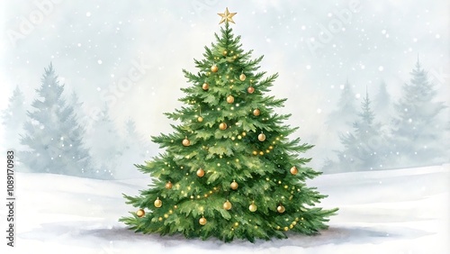 Watercolor Christmas tree with ornaments 