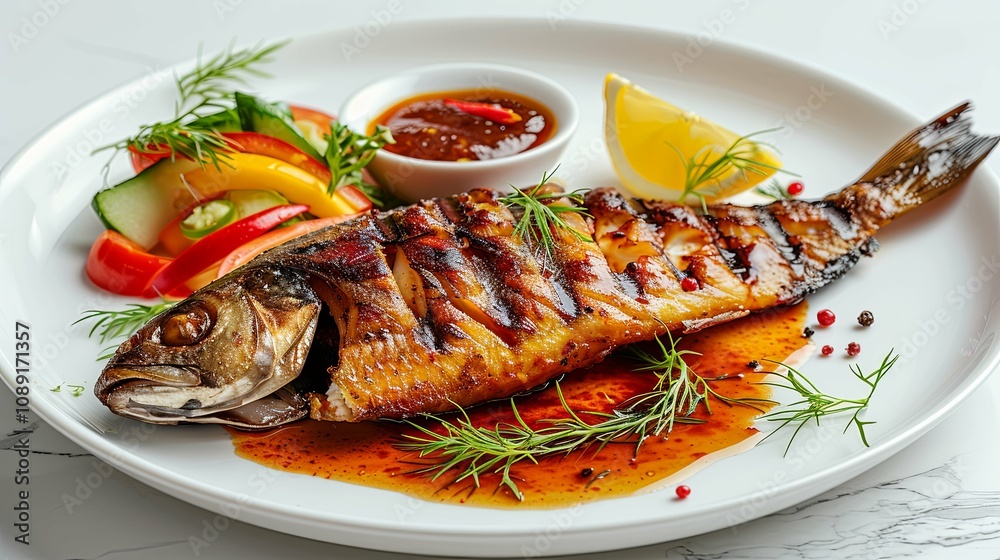 Grilled fish with spicy sauce, vegetable salad, and lemon wedge. Grilled fish with spicy sauce, vegetable salad, and lemon wedge.
