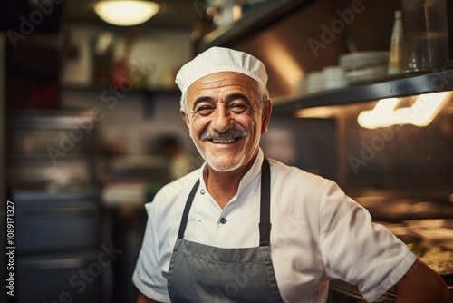 Smiling portrait of a senior Italian chef working in kitchen