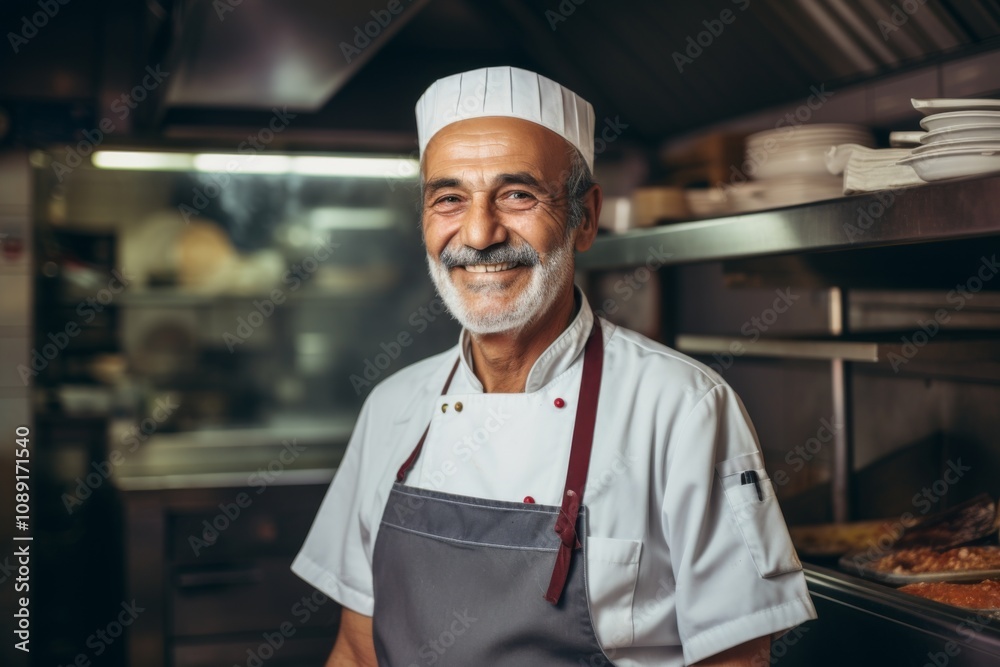 Smiling portrait of a senior Italian chef working in kitchen Smiling portrait of a senior Italian chef working in kitchen