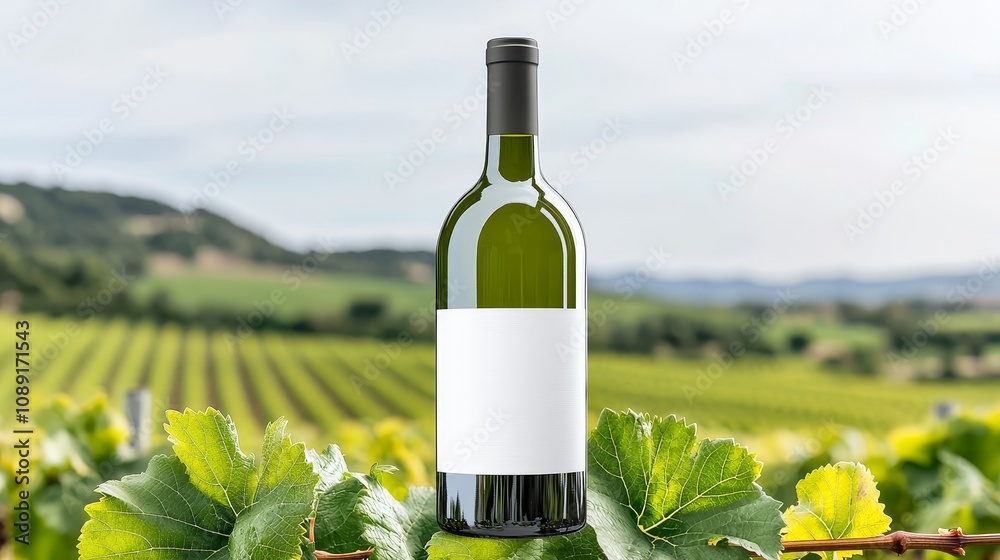 Fototapeta premium An aerial view of a vineyard landscape with lush grapevines and rolling hills featuring a mock-up of a white wine bottle.