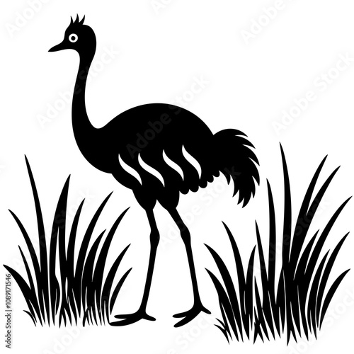 Emu walking in savanna Emu near tall grass silhouette vector illustration 