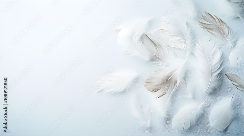 Naklejka premium Soft white feathers scattered on light background create serene atmosphere