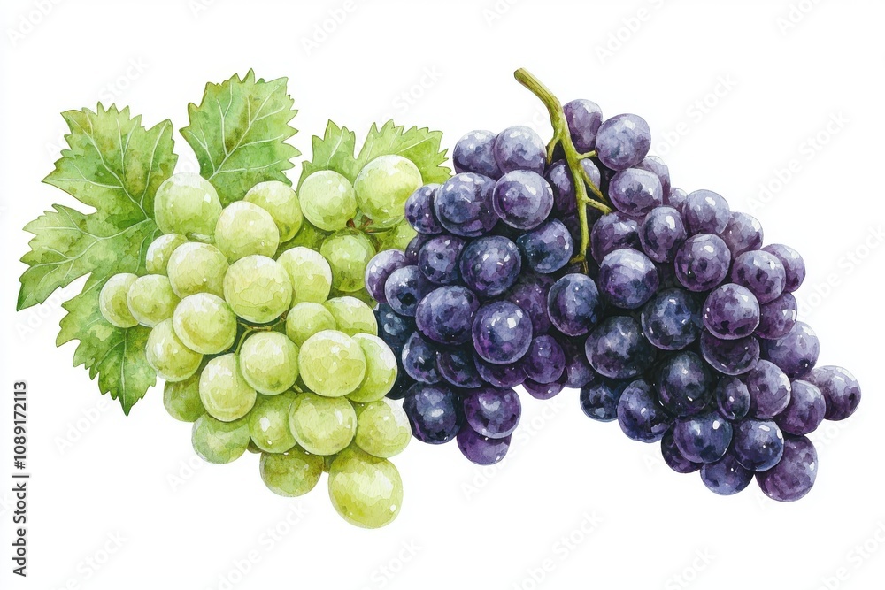 Fresh green and purple grapes intertwined with vibrant leaves, perfect for healthy recipes and artistic presentations.