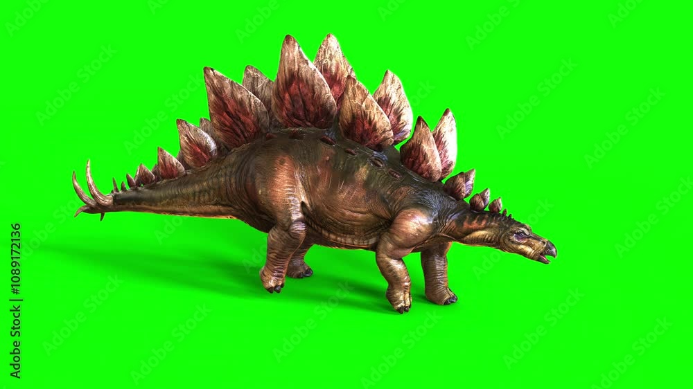 3d illustration of Stegosaurus, was a thyreophoran dinosaur. An herbivore, it is one of the best known dinosaurs of the Jurassic period. Animation of Stegosaurus on green background.