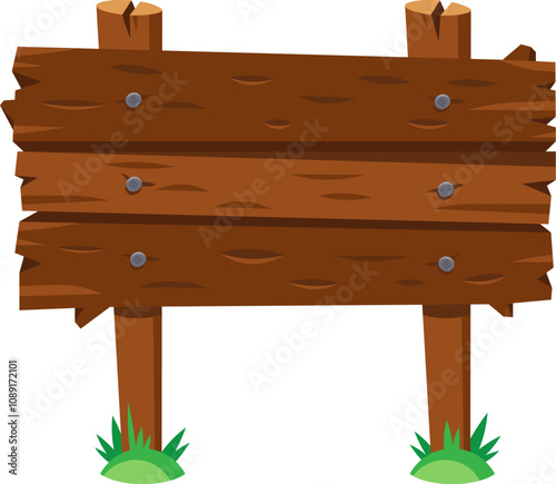 Cartoon wooden sign with three planks and nails standing on two poles with grass at the base, providing ample space for custom messages