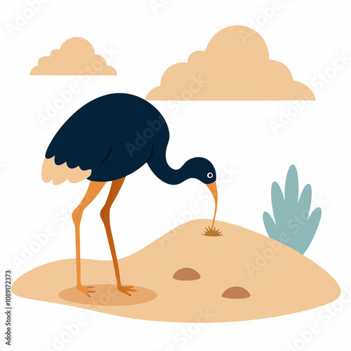 Ostrich foraging for insects vector illustration