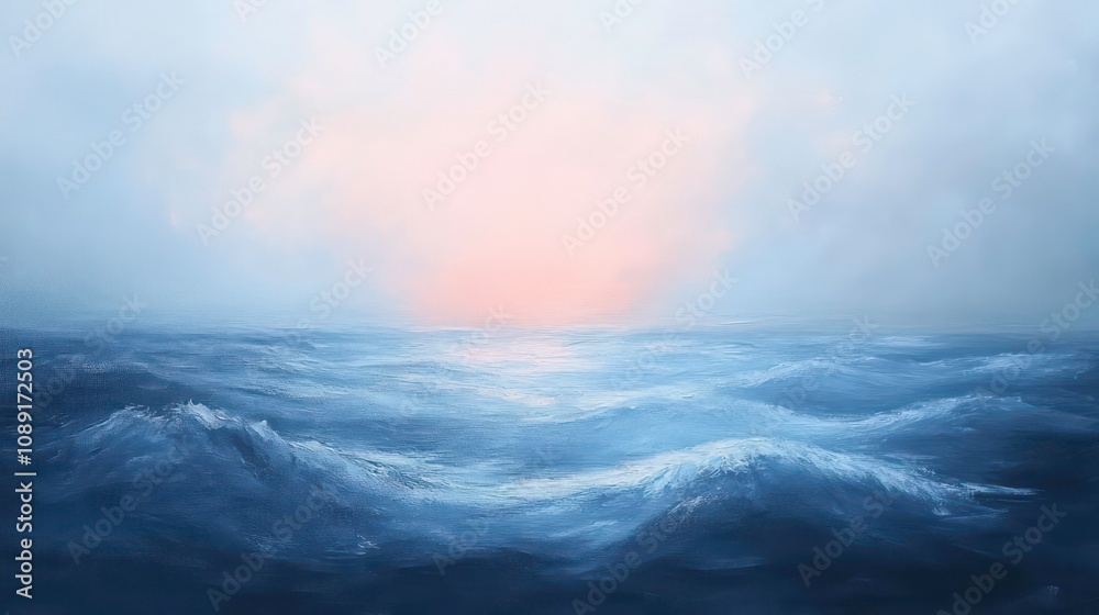 A serene seascape with a soft, pink-hued sky and rolling waves. A serene seascape with a soft, pink-hued sky and rolling waves.