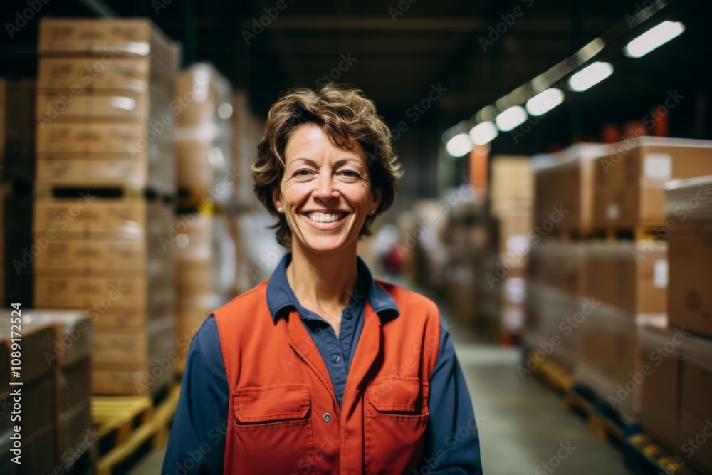 Portrait of a joyful middle aged female warehouse worker Portrait of a joyful middle aged female warehouse worker