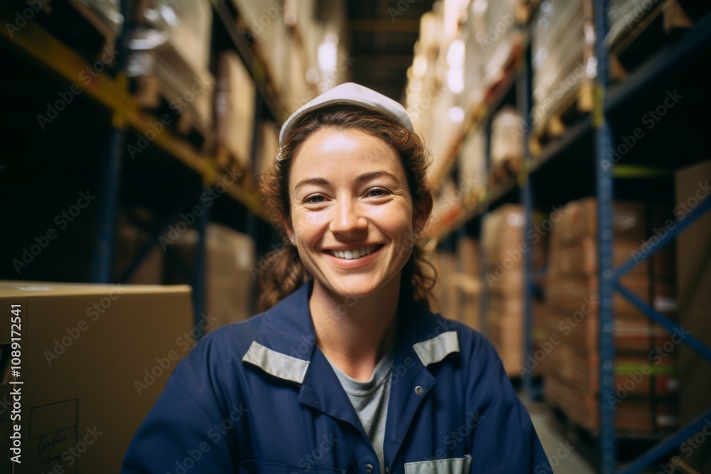 Portrait of a joyful middle aged female warehouse worker Portrait of a joyful middle aged female warehouse worker
