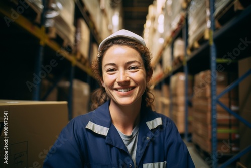 Portrait of a joyful middle aged female warehouse worker