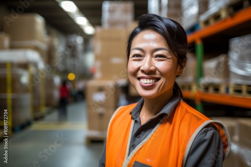 Portrait of a joyful middle aged female warehouse worker