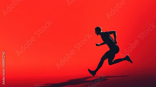 Energetic Runner Sprinting Toward the Finish Line Against a Bold Red Background, Expressing Determination and Speed in a Dynamic Athletic Scene