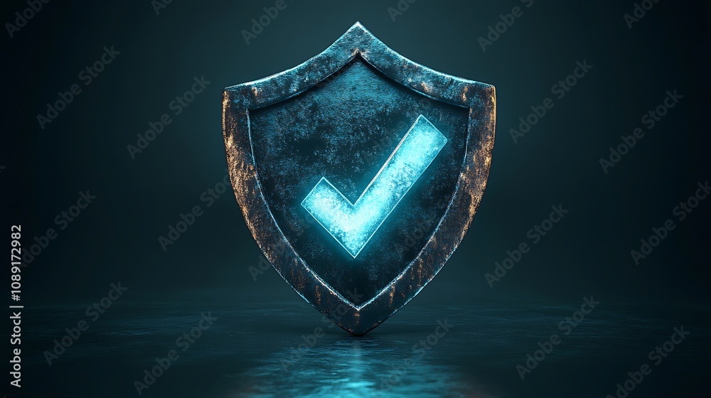 Glowing Checkmark on Metallic Shield Security Concept Glowing Checkmark on Metallic Shield Security Concept