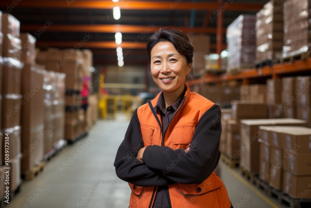 Fototapeta premium Portrait of a joyful middle aged female warehouse worker