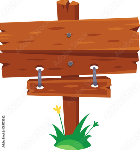 Cartoon wooden road sign with two planks indicating different directions, standing on a patch of grass with flowers, offering space for custom messages and directions