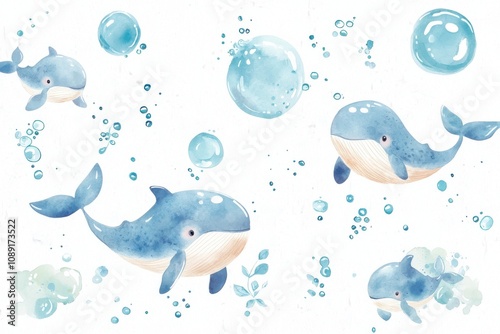 Whimsical watercolor illustration of cheerful whales swimming amidst bubbles in a serene underwater setting.