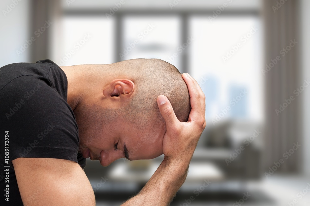 Headache, young man with pain for dizziness Headache, young man with pain for dizziness