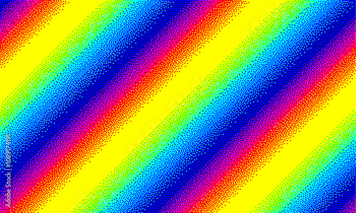 Pixelated rainbow holographic diagonal gradient background with dithering effect. Colorful pixel art mosaic texture. Vintage retro video game background. Vector