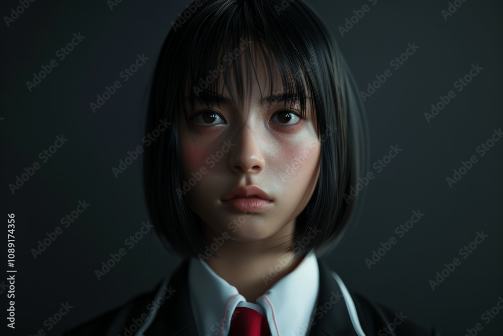 Portrait of Asian schoolgirl with grey background. Neural network ai generated art Portrait of Asian schoolgirl with grey background. Neural network ai generated art