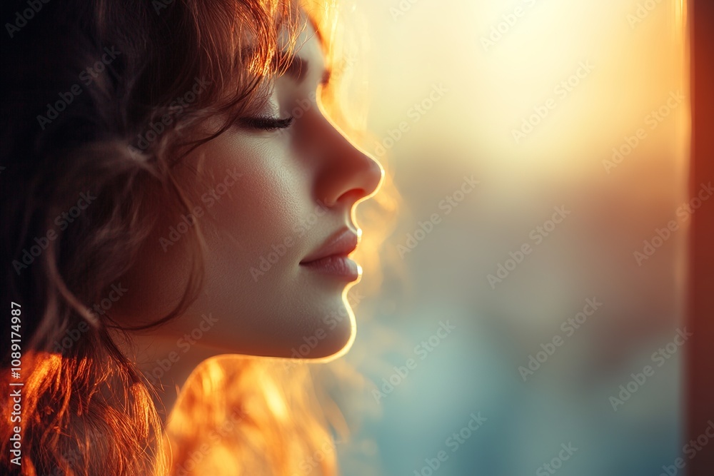 Close-up of serene woman's profile with warm sunlight Close-up of serene woman's profile with warm sunlight