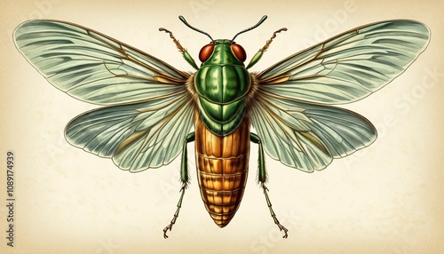 Detailed cicada insect illustration with translucent wings and vibrant colors