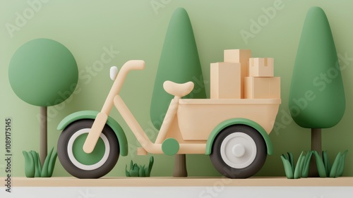deliveryshipment local concept. A playful 3D illustration of a cargo bike with boxes, set against a minimalist green background with stylized trees.