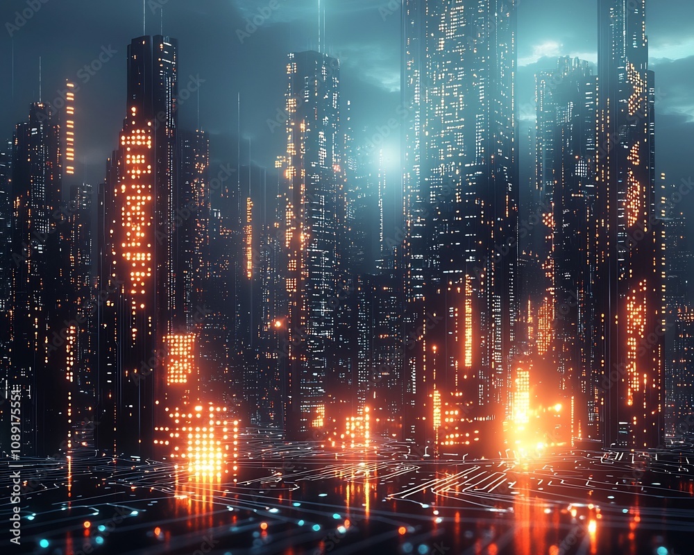 Fototapeta premium Futuristic Cityscape Constructed from Glowing Microchips Symbolizing Technology s in Urban Life